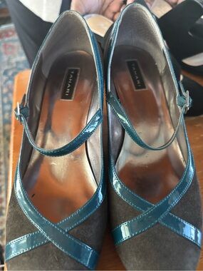 Tahari Teal Patent-Trim Suede Mary Jane Platform, Size 7M